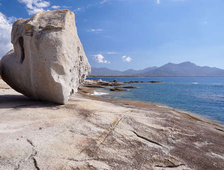 Bizarre rock formations at the coast of Corsica in Lumio near Calviの写真素材