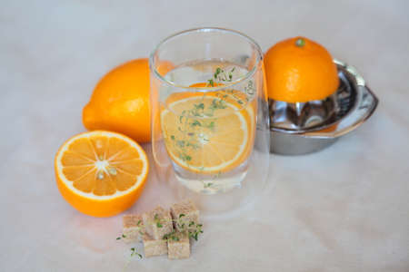 Fresh lemonade with ginger lemons, thyme and cane sugarの写真素材