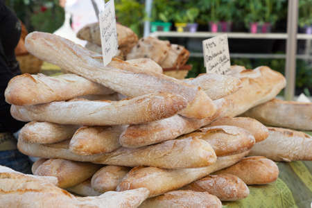 Fresh french baguettes on a local market