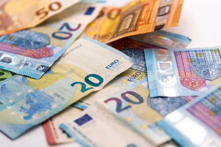close up of European banknotes of euros, selective focusの写真素材