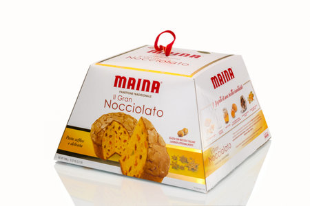 TURIN, ITALY - DECEMBER 10, 2020: box packaging of panettone gran nocciolato Maina isolated on white backgroundのeditorial素材