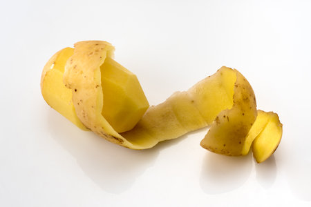peeled potato with spiral peel isolated on whiteの写真素材