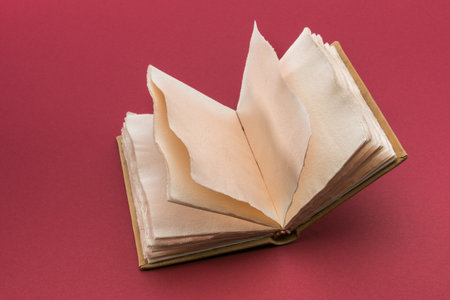 Open antique style book with pages of rough paper with jagged edges, antique leather hardcover...