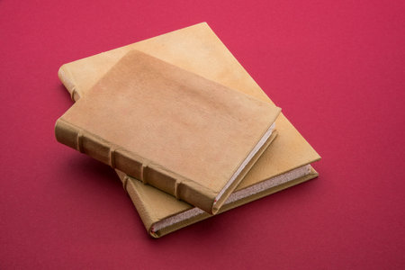 Two antique books with light brown leather hardcover, one small on other large on cardinal red color backgroundの写真素材