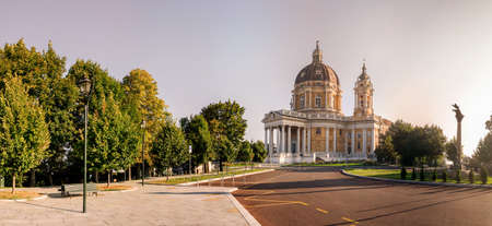 The Basilica of Superga at the dawn light on the hills of Turin, Piedmont, Italy