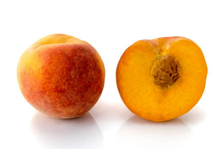 Italian Percoca peach variety with yellow flesh, one whole and another in cross section, isolated on white, copy spaceの写真素材
