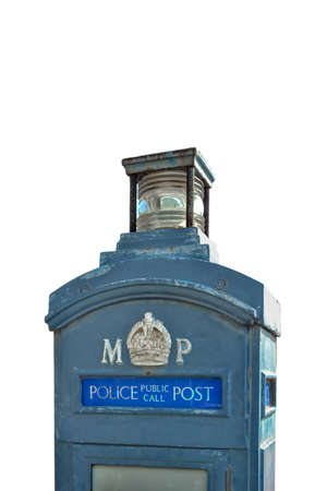 Old blue police public call post in London isolated on white background, copy spaceの写真素材