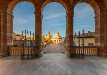 Barolo, Cuneo, Italy - November 05, 2021: Piazza Falletti with the parish church of San Donato seen...