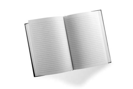 Open lined notebook isolated on white background in top view, flat lay, copy space