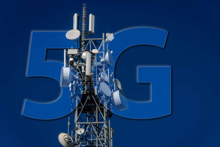 5G on metal tower blue background with telecommunication antennas, high speed 5G network concept