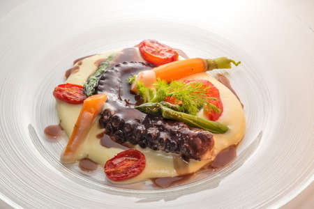 Octopus tentacle stewed in red wine on mashed potatoes with asparagus, carrot, fennel and tomato. Close up in glass plateの写真素材