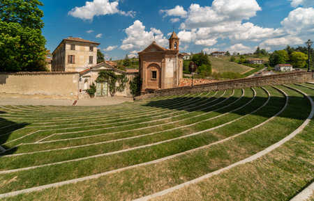 Monforte d'Alba, langhe, Cuneo, Italy - May 02, 2022: the Auditorium Horszowsky amphitheater on top of the old town with the church of the Confraternita delle Umiliate or oratory of Santa Elisabettaのeditorial素材