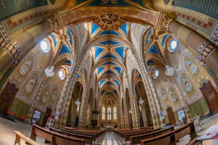 Monforte d'Alba, langhe, Italy - May 02, 2022: interior view of the parish church Madonna della Neve (Madonna of the snow). Neo-Gothic style, Fish eye viewのeditorial素材