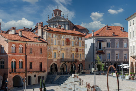 MondovÃ¬, Cuneo, Piedmont, Italy - August 08, 2022: Ancient medieval buildings with mullioned...