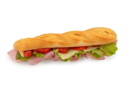 Mini baguette with tomato, salad, cheese and ham, club sandwich isolated on whiteの写真素材