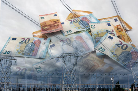 Electric tower and euro money, High-voltage power lines on euro banknotes, energy cost concept