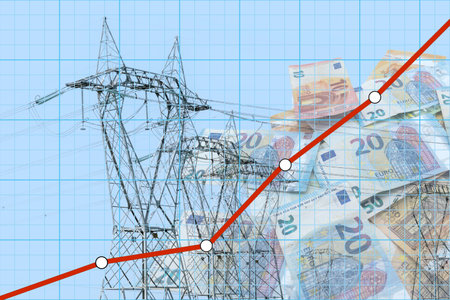 Abstract financial chart with uptrend line electricity price on euro banknotes and electricity pylons. Concept exponential increase in energy costsの写真素材