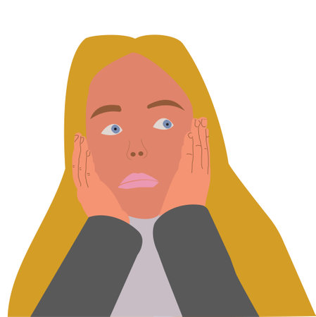 Blond girl with her face in her hands and with blue eyes looking up; drawing flat colors cut outのイラスト素材