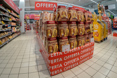 Bra, Cuneo, Italy - November 30, 2022: packs of Balocco brand pandoro filled with Segafredo brand...