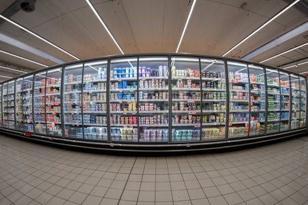 Cuneo, Italy - November 30, 2022: large refrigerator showcases display dairy products, mozzarella and yogurt for sale in Italian supermarketのeditorial素材