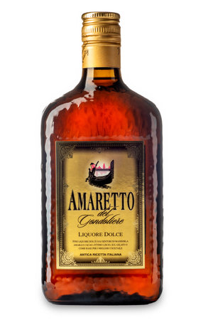 Venice, Italy - April 2023, 03: Bottle of Amaretto, sweet Italian liqueur with scents of almond and cocoa, isolated on white with clipping path includedのeditorial素材