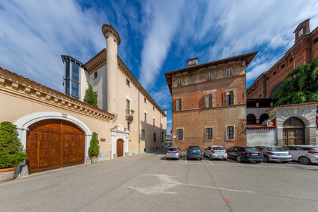 Vigone, Turin, Piedmont, Italy - April 29, 2023: Palace of Marchesi Romagnano, Conti Falcetti and...