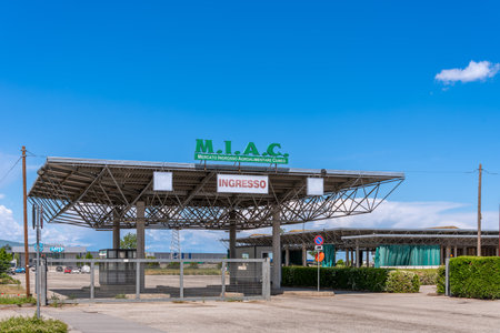 Cuneo, Piedmont, Italy - May 11, 2023: Large canopy of the entrance to the MIAC Mercato Ingrosso Agroalimentare Cuneo (Agribusiness Wholesale Market Cuneo) in hamlet of Ronchiのeditorial素材