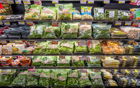 Italy - May 31, 2023: Cleaned ready-to-eat salad and vegetables in transparent bags and various packages on shelves in Italian supermarketsのeditorial素材