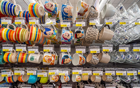 Italy - July 10, 2023: Multi-colored mugs and cups with drawings of the cartoon Snow White and the...