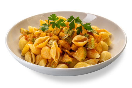 Conchiglie rigate pasta. Macaroni in shape of ridged shell with courgette and tomato sauce with parsley leaves in white dish isolated on white with clipping path includedの写真素材