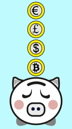 Piggy bank with bitcoin, dollar, pound and euro coins, flat designのイラスト素材
