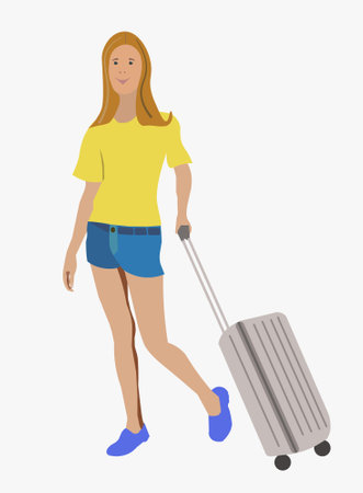 Girl with wheeled suitcase, flat drawing - girl goes on vacationのイラスト素材