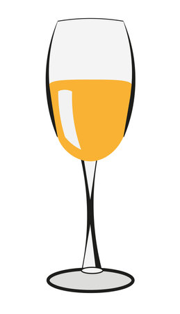 Goblet glass of white sparkling wine, flat color vector illustration. Champagne flute vector logo on transparentのイラスト素材