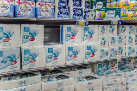 Italy - Nov. 09, 2023: Toilet paper in packs of various brands and of brand Selex, Italian commercial group of large-scale retailのeditorial素材