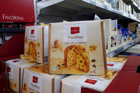 Italy - November 09, 2023: Favorina panettone cake with chocolate chips packed on shelf for sale in Italian Lidl supermarketのeditorial素材