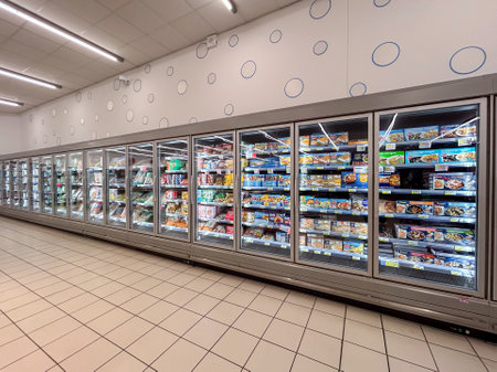 Italy - December 28, 2023: long refrigerated display case in an Italian supermarketのeditorial素材