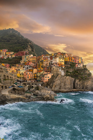 Manarola, Riomaggiore, La Spezia, Liguria, Italy: pictoresque view of fishing village with typical...