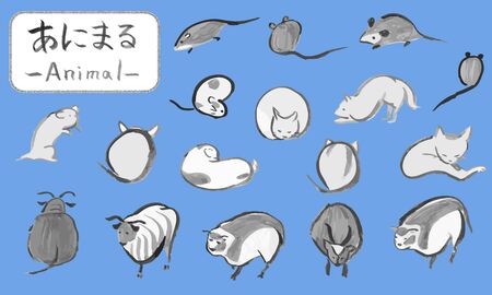 Hand drawn Japanese traditional cute animal illustrations written with a brushのイラスト素材