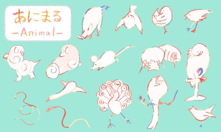 Hand drawn Japanese traditional cute animal illustrations written with a brushのイラスト素材