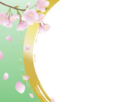 Background of cherry branches and flowers and gold round edgeのイラスト素材
