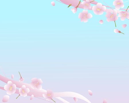 Blue gradient background with cherry and pink ribbonのイラスト素材