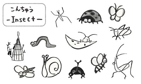Hand drawn Japanese traditional cute insect illustrations written with a brushの写真素材