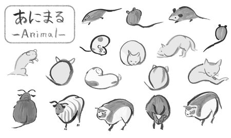 Hand drawn Japanese traditional cute animal illustrations written with a brushの写真素材