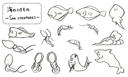 Hand drawn Japanese traditional sea creatures 
illustrations written with a brushの写真素材