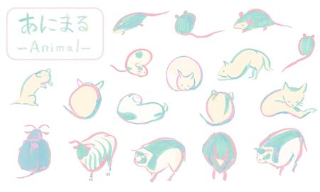 Hand drawn Japanese traditional cute animal illustrations written with a brushの写真素材