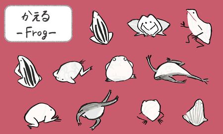 Hand drawn Japanese traditional cute flog  illustrations written with a brushのイラスト素材