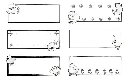 Square hand-painted frame of cute Japanese-style duck and catのイラスト素材