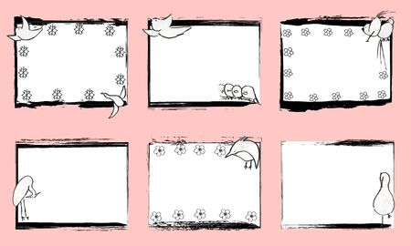 Square hand-painted frame of cute Japanese-style birdsのイラスト素材