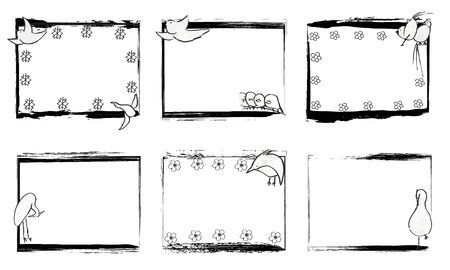 Square hand-painted frame of cute Japanese-style birdsのイラスト素材