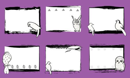 Square hand-painted frame of cute Japanese-style birdのイラスト素材